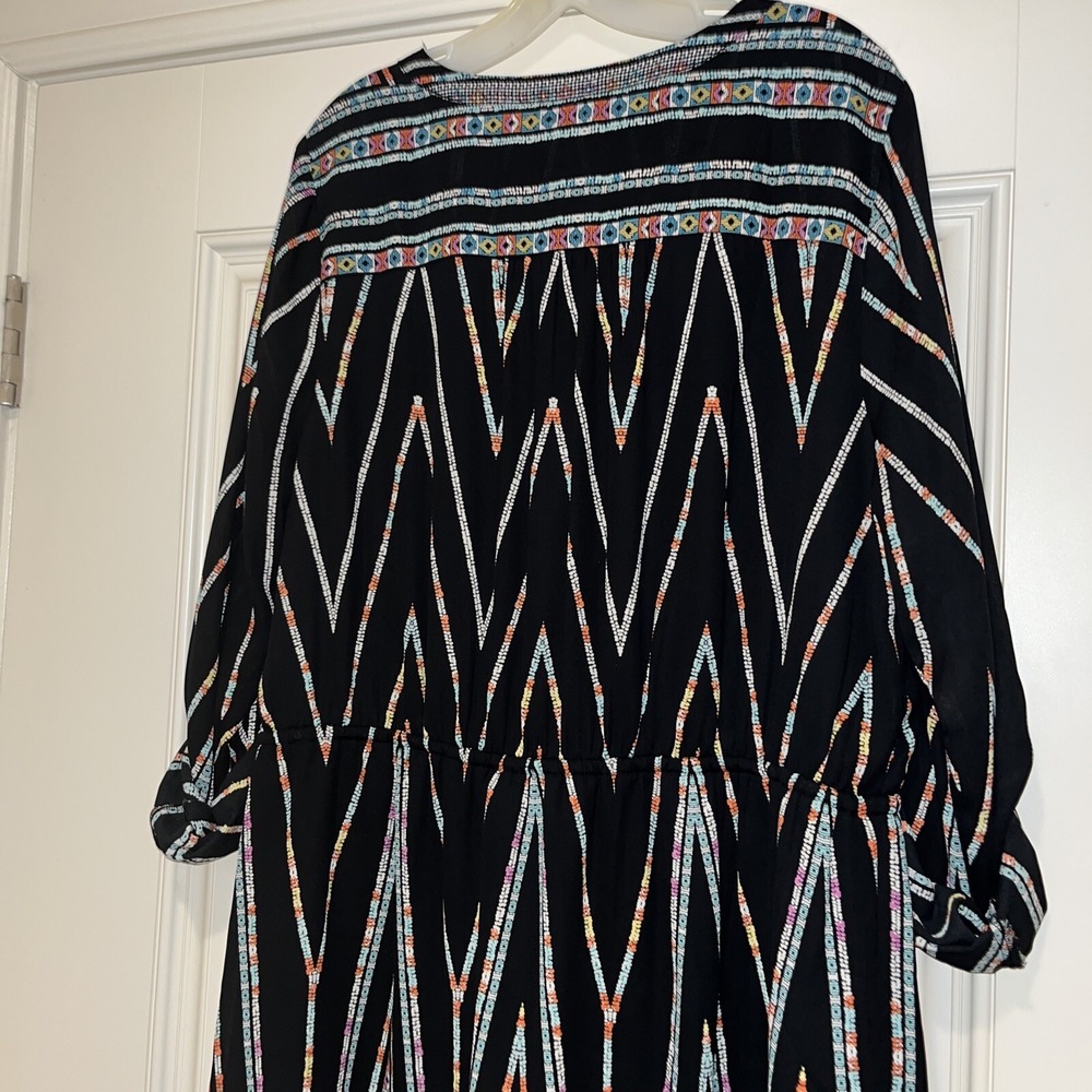 Signature Studio Geometric Tribal Print V-Neck Dress Black XL Boho Tassel Tie - Picture 10 of 10